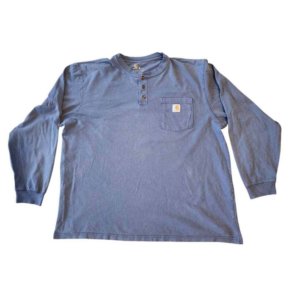 Carhartt Long Sleeve Henley Shirt Pocket Logo Blue Men's XL Heavyweight